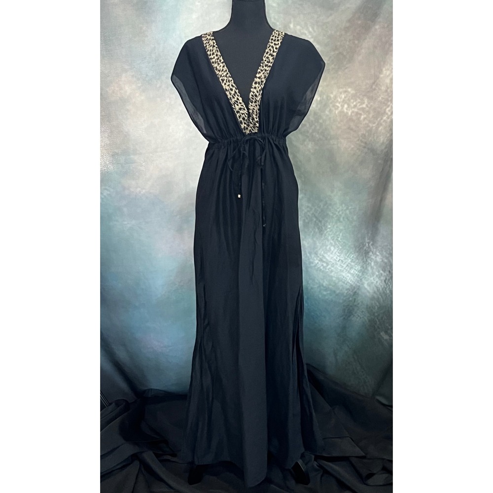 Michael Kors Black Cotton‎ Leopard Trim Swim Coverup Drawstring Waist M